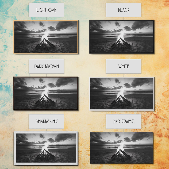 Bonfire On Beach, Coastal Wall Art, Moody Art, Extra Wide Art, Sunset Wall Art, Panoramic Art, Rustic Wall Art, Framed Canvas Print