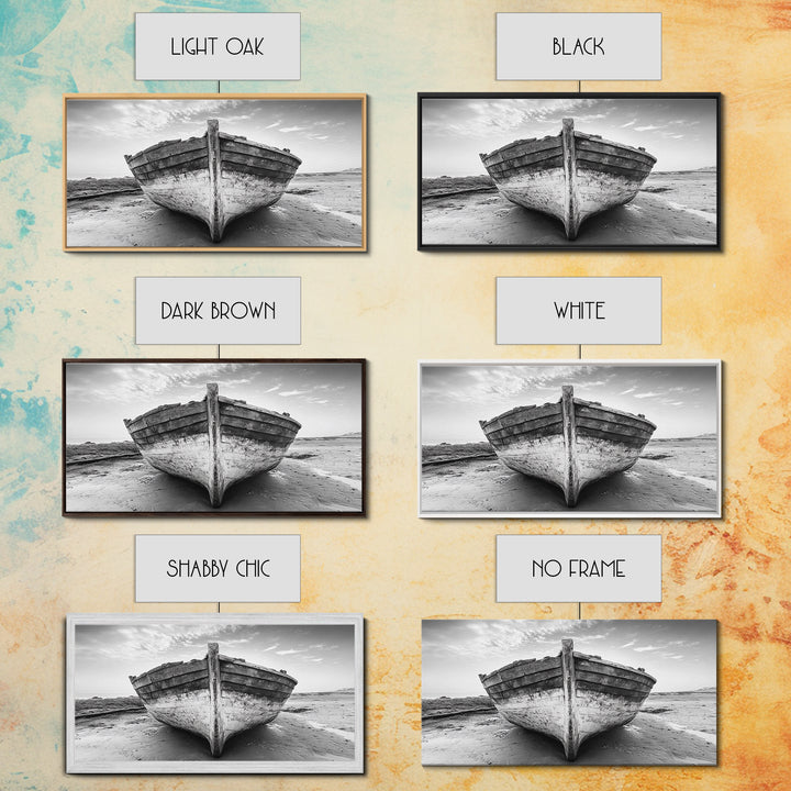 Beached Boat, Nautical Wall Art, Rustic Decor, Coastal Landscape Art, Extra Wide Art, Panoramic Painting, Canvas Print