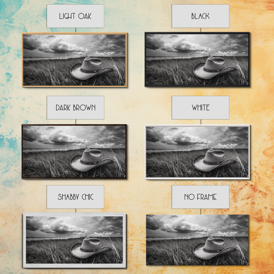 Cowboy Hat, rustic decor, wabi sabi art, western painting, southwest wall art, boho art, moody photography, Framed Canvas Print