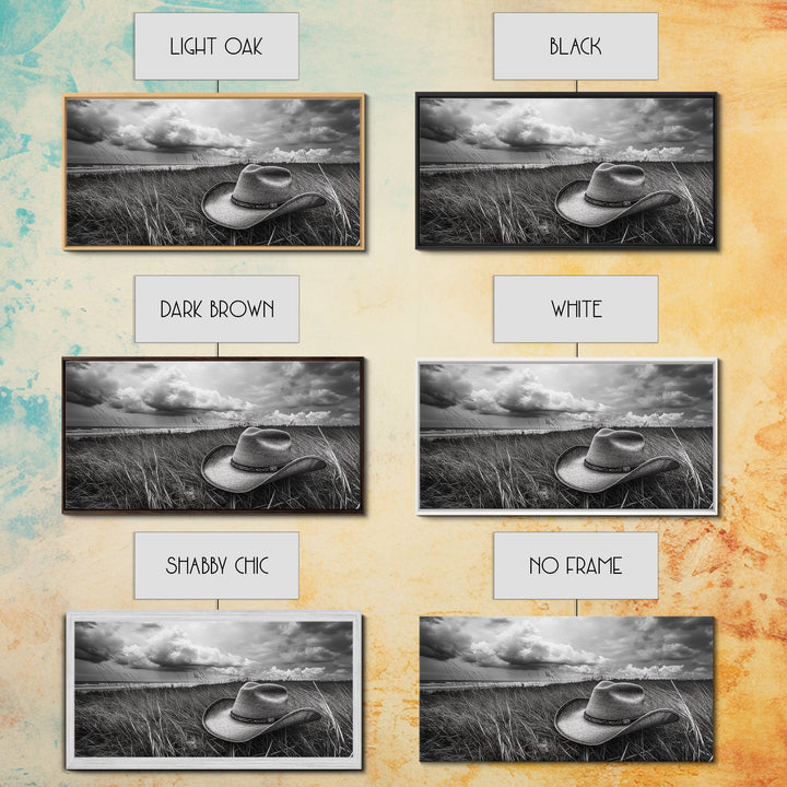 Cowboy Hat, rustic decor, wabi sabi art, western painting, southwest wall art, boho art, moody photography, Framed Canvas Print