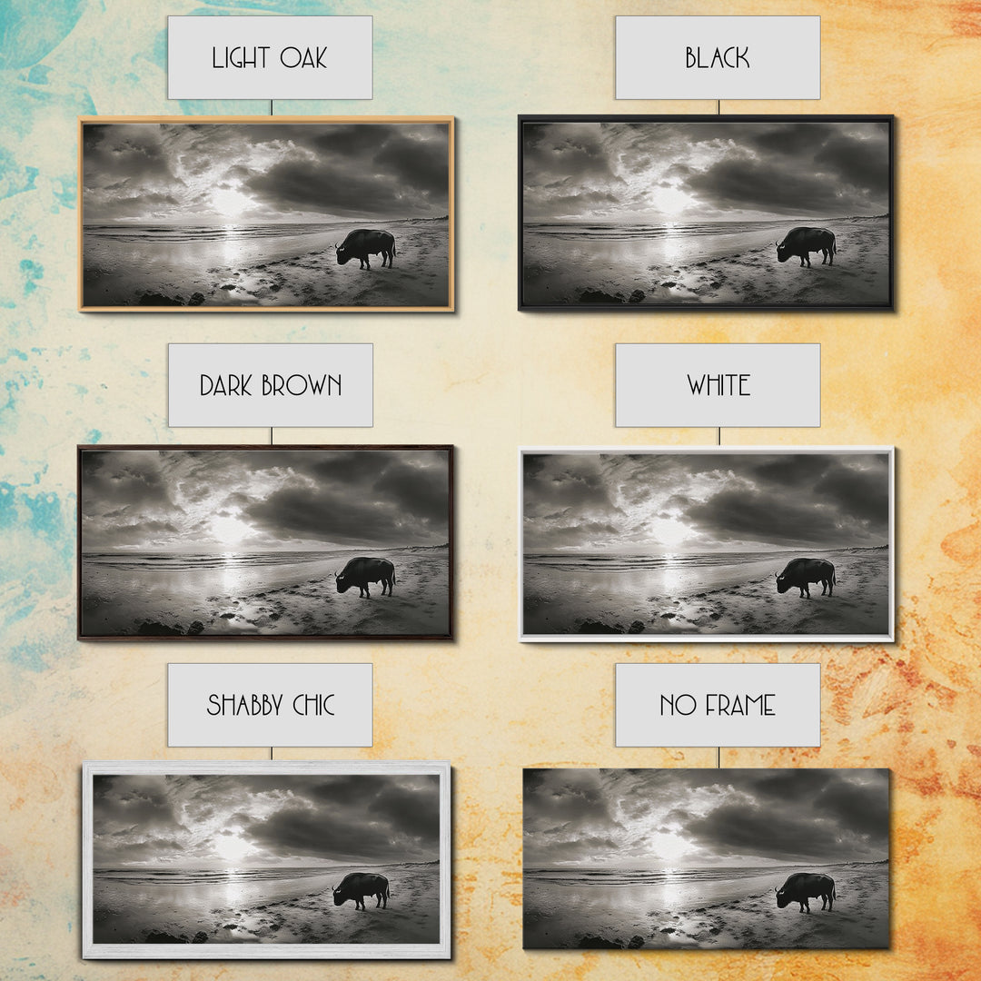 Buffalo, seascape painting, coastal landscape art, rustic decor, farmhouse art, panoramic painting, extra wide art, framed canvas print