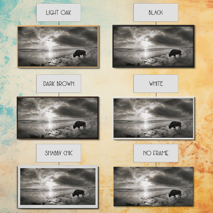 Buffalo, seascape painting, coastal landscape art, rustic decor, farmhouse art, panoramic painting, extra wide art, framed canvas print