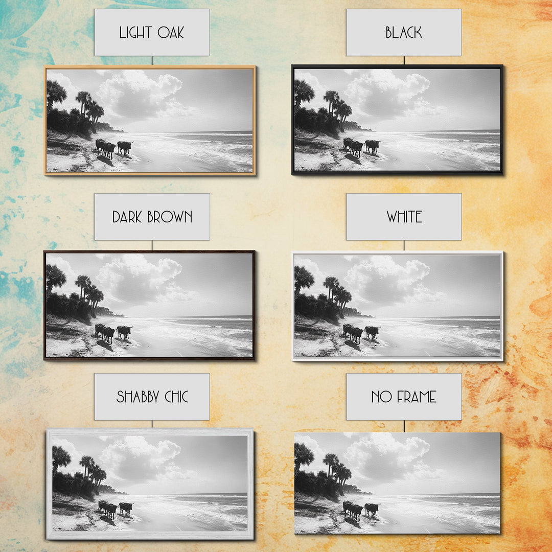 Cattle on beach, coastal cowgirl wall art, rustic decor, farmhouse art, landscape painting, panoramic painting, extra wide art, framed canvas print