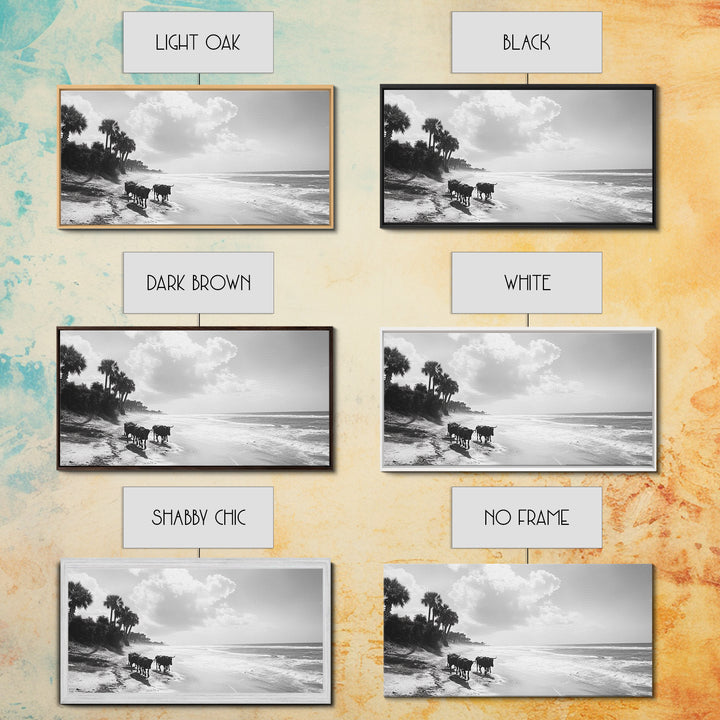 Cattle on beach, coastal cowgirl wall art, rustic decor, farmhouse art, landscape painting, panoramic painting, extra wide art, framed canvas print