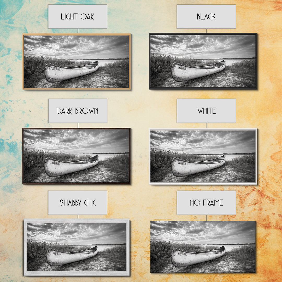 Canoe, lake, coastal cowgirl wall art, rustic decor, farmhouse art, panoramic art, horizontal wall art, extra wide art, framed canvas print