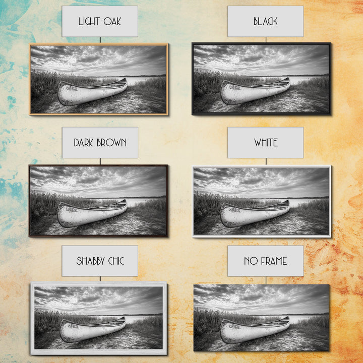 Canoe, lake, coastal cowgirl wall art, rustic decor, farmhouse art, panoramic art, horizontal wall art, extra wide art, framed canvas print