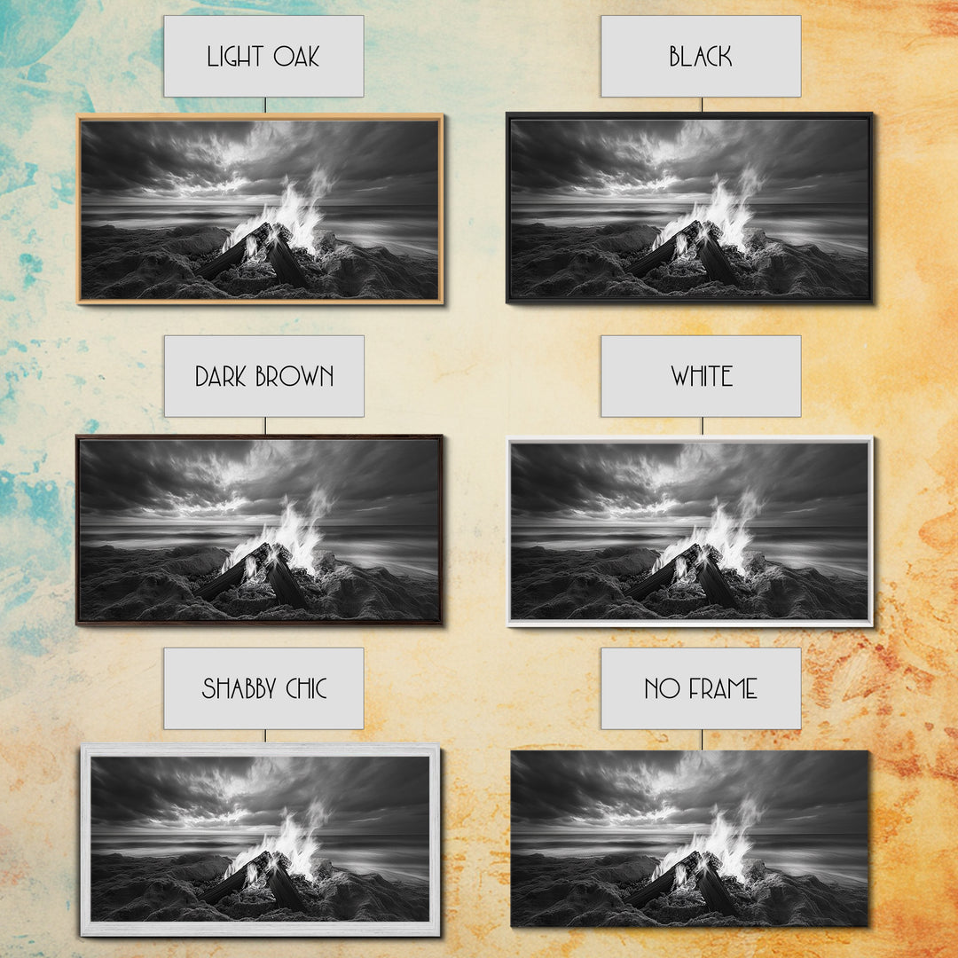 Beach bonfire, moody art, seascape painting, coastal decor, extra wide art, panoramic painting, above bed wall art, framed canvas print