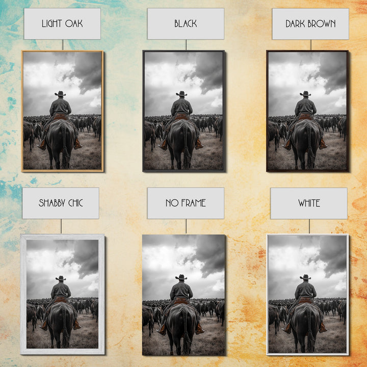 Cowboy, western art, cattle drive, ranch wall decor, framed canvas print, rustic farmhouse art, moody cowboy, country life painting