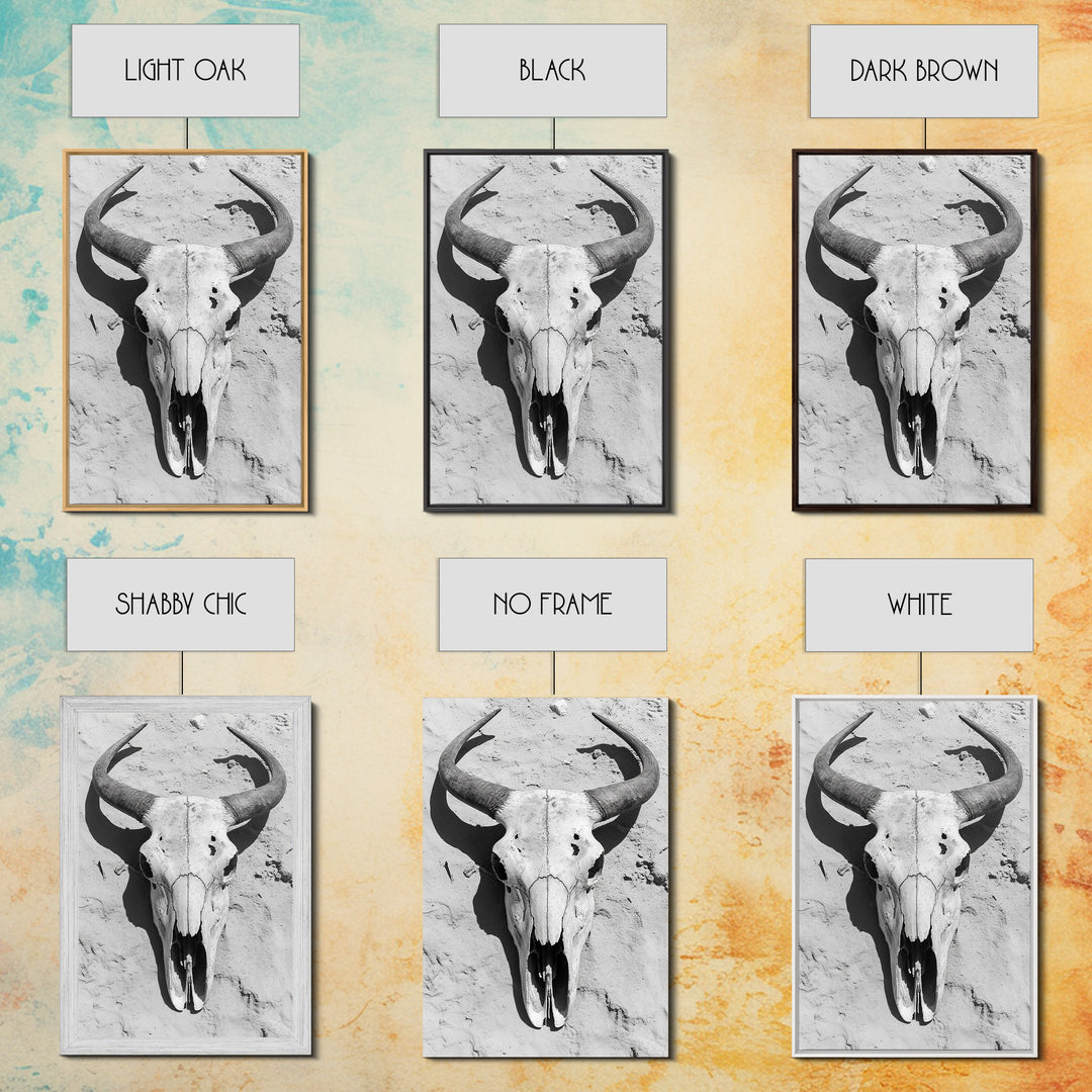 Bull skull, desert aesthetic, cowboy art, rustic decor, black and white photography, boho art, framed canvas print, western wall art