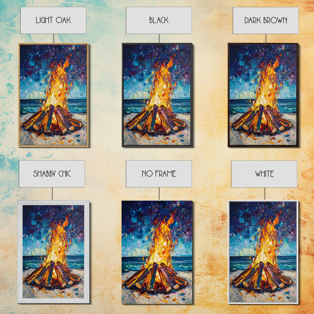 Beach Bonfire, coastal painting, moody art, seascape painting, coastal decor, nautical painting, original painting, framed canvas print