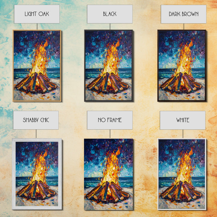 Beach Bonfire, coastal painting, moody art, seascape painting, coastal decor, nautical painting, original painting, framed canvas print