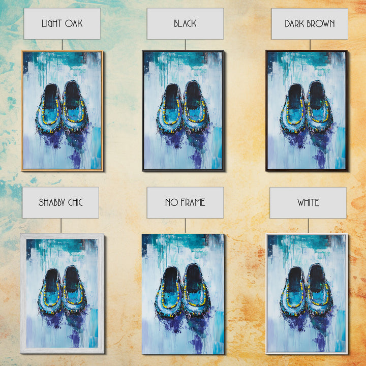 Blue Moccasins, boho art, whimsical art, teal wall art, folk art, rustic art, gift idea for her, original painting, canvas print