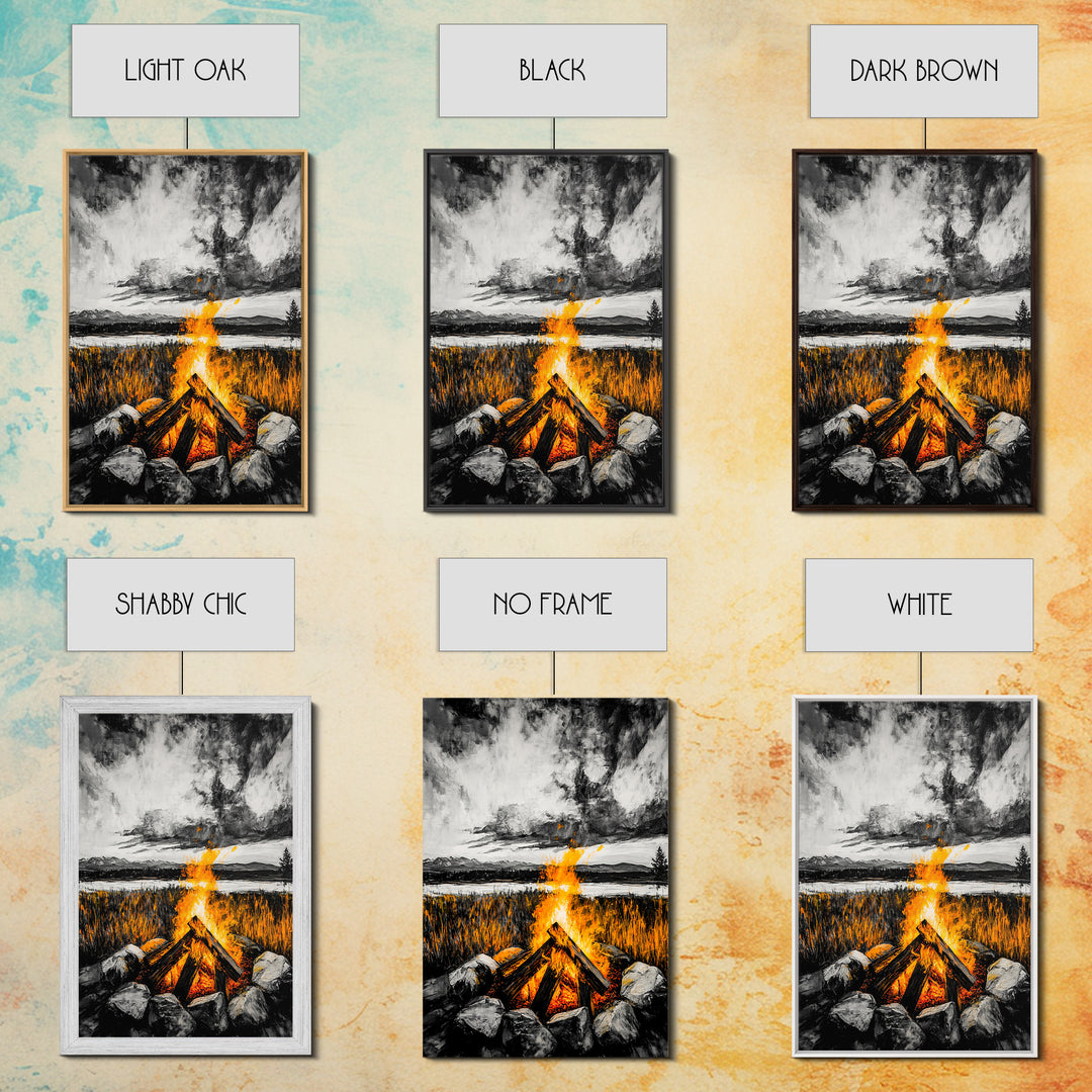 Campfire Painting, Moody Art, Rustic Wall Decor, Fire Pit Artwork, Black White Orange Art, Framed Canvas Print, Cabin Wall Art