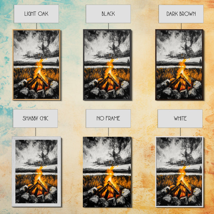 Campfire Painting, Moody Art, Rustic Wall Decor, Fire Pit Artwork, Black White Orange Art, Framed Canvas Print, Cabin Wall Art