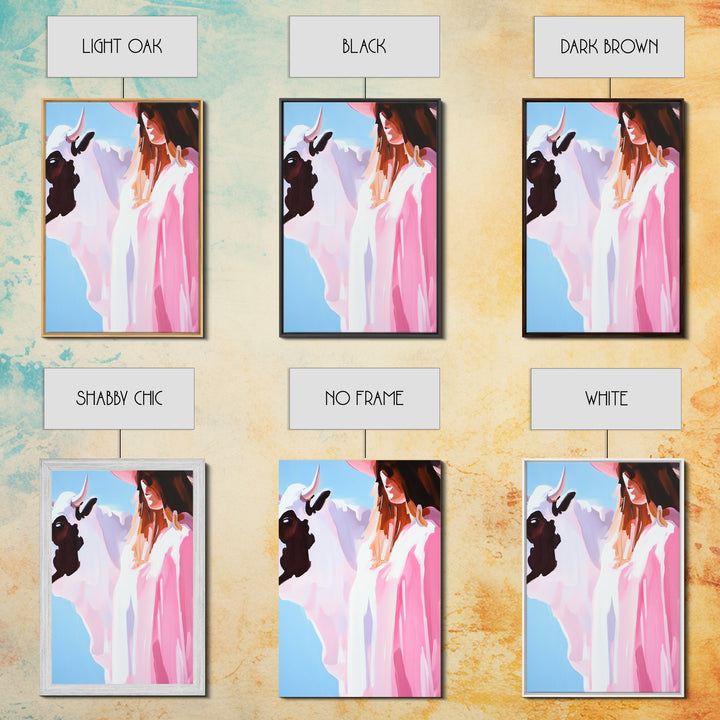 Cowgirl and Cow, black cowgirl painting, coastal cowgirl wall art, western decor, gift idea for her, boho art, light pink wall art, Canvas Print