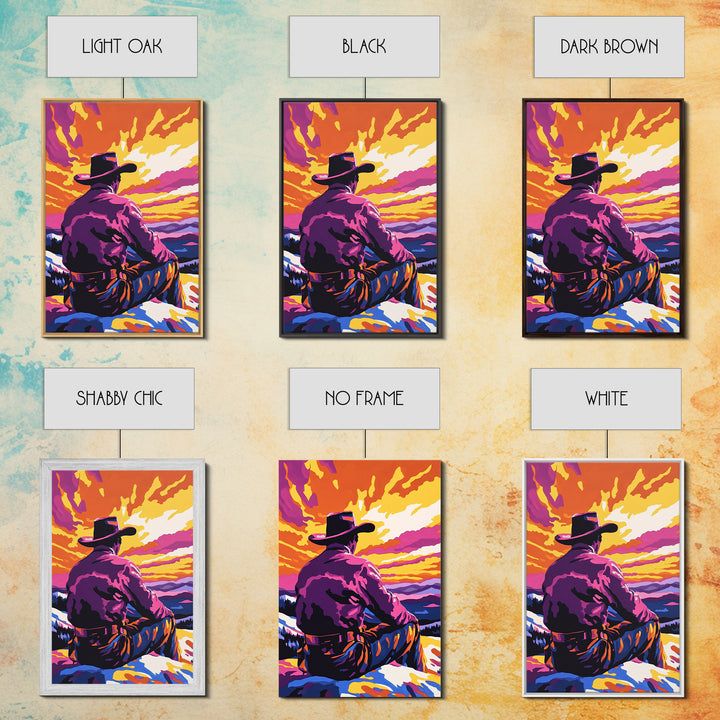 Cowboy at Sunset, western decor, southwest wall art, pink orange wall art, gift idea for him, moody art, panoramic art, Canvas Print