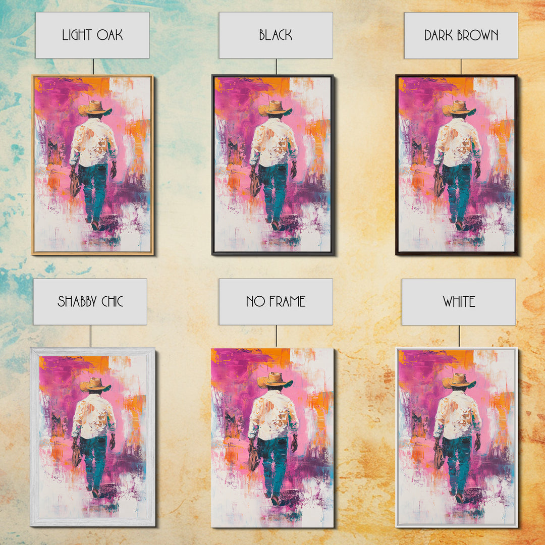 Cowboy Walking, chicano art, western aesthetic, rustic wall art, farmhouse art, moody art, bold colors, Framed Canvas Print