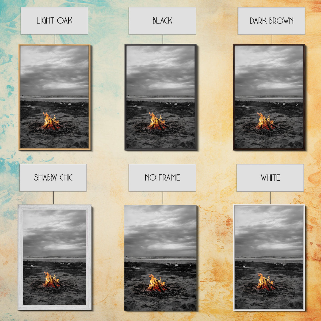Beach bonfire, coastal art, ocean sunset, framed canvas print, nautical decor, seascape painting, cozy fire, moody beach art, fall vibes