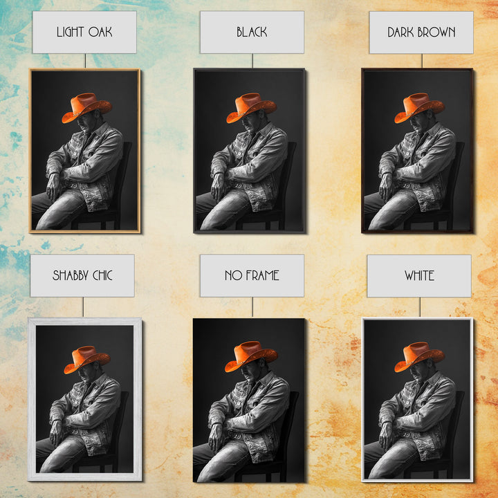 Cowboy portrait, rustic art, western style, framed canvas print, country decor, cowboy hat, moody photography, black and white wall art