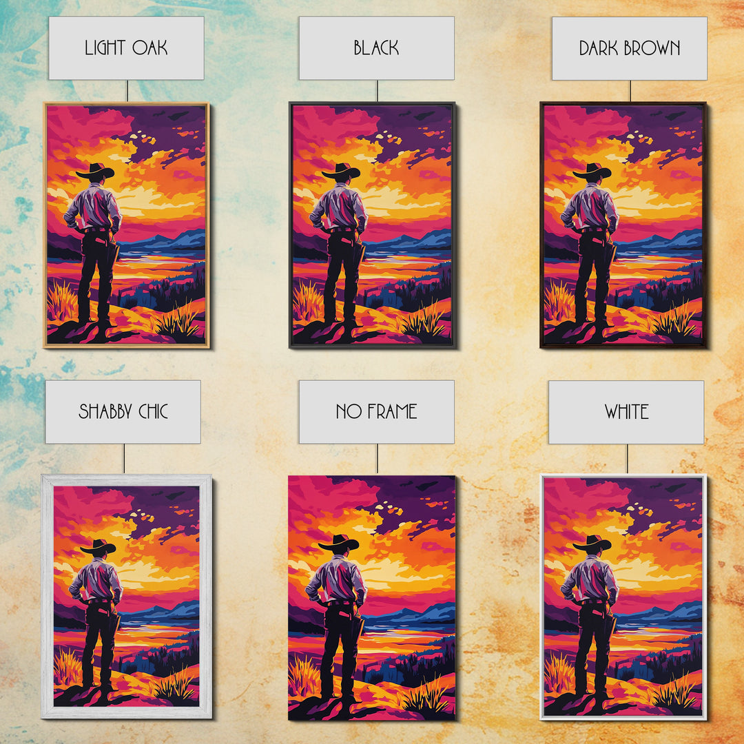 Cowboy at Sunset, pink orange wall art, Joshua tree art, southwest wall art, framed canvas print, landscape painting, moody art