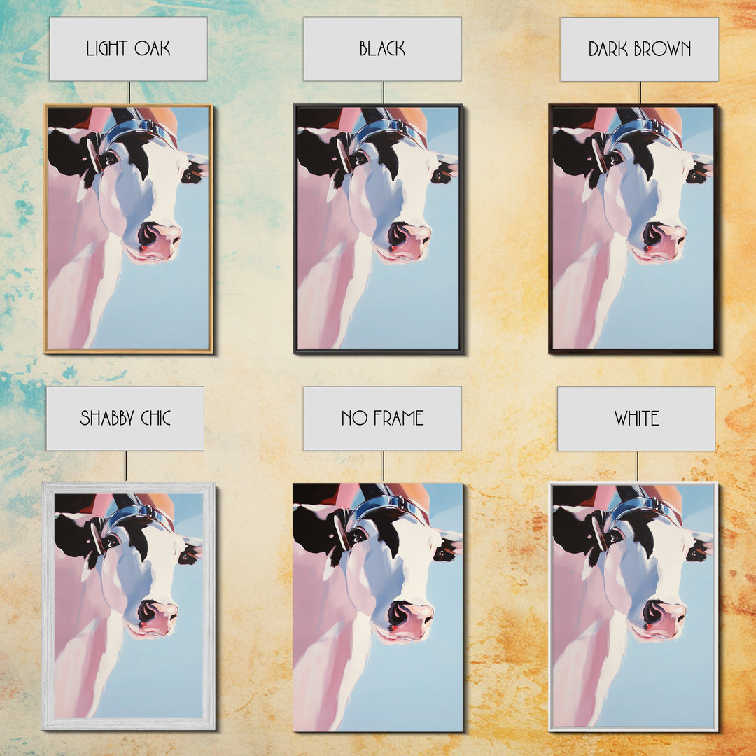 Cow with Hat, farmhouse art, black cowgirl painting, rustic decor, framed canvas print, whimsical art, light pink wall art