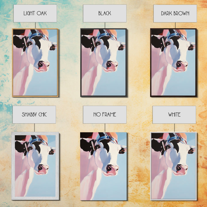 Cow with Hat, farmhouse art, black cowgirl painting, rustic decor, framed canvas print, whimsical art, light pink wall art