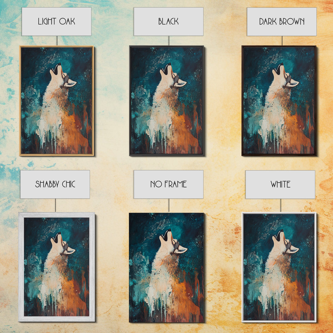 Abstract Wolf, howling at moon, moody blue tones, modern rustic art, wildlife painting, framed canvas print, dark romance painting