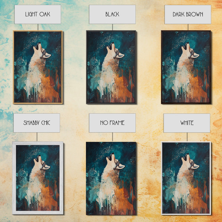 Abstract Wolf, howling at moon, moody blue tones, modern rustic art, wildlife painting, framed canvas print, dark romance painting