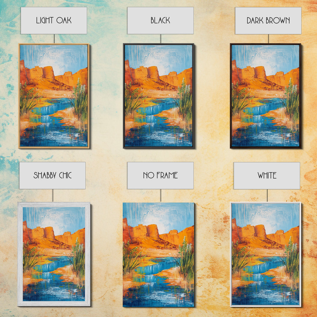 Desert Oasis, vivid landscape, blue water, rustic nature art, warm tones, panoramic painting, framed canvas print, southwest wall art