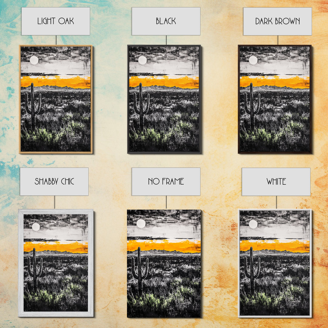 Cactus Sunset, black and white, moody desert art, yellow skyline, Joshua tree art, framed canvas print, extra wide art, rustic decor
