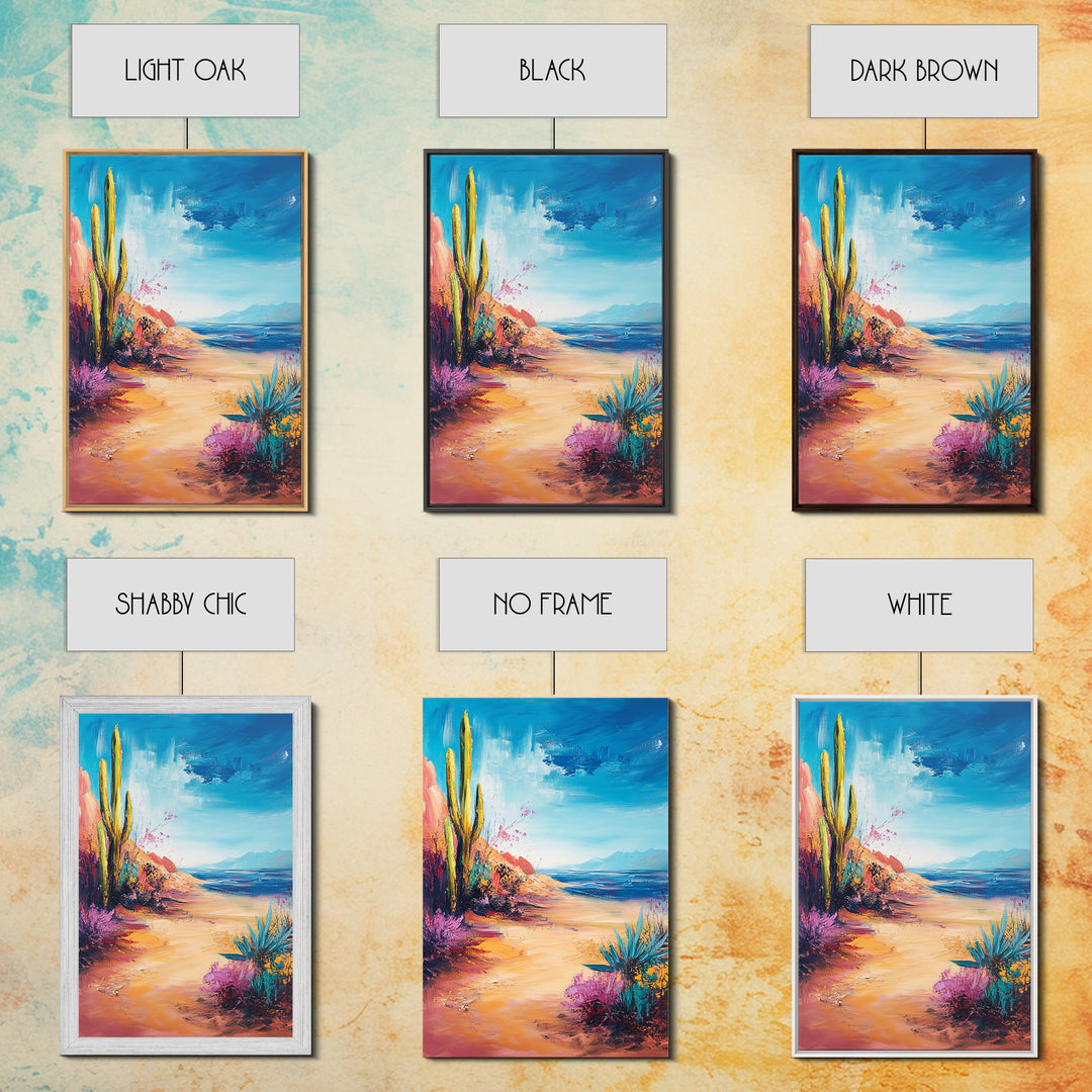 Beach Cactus, coastal landscape, vibrant colors, blue sky, desert meets sea, framed canvas print, coastal cowgirl wall art, boho art