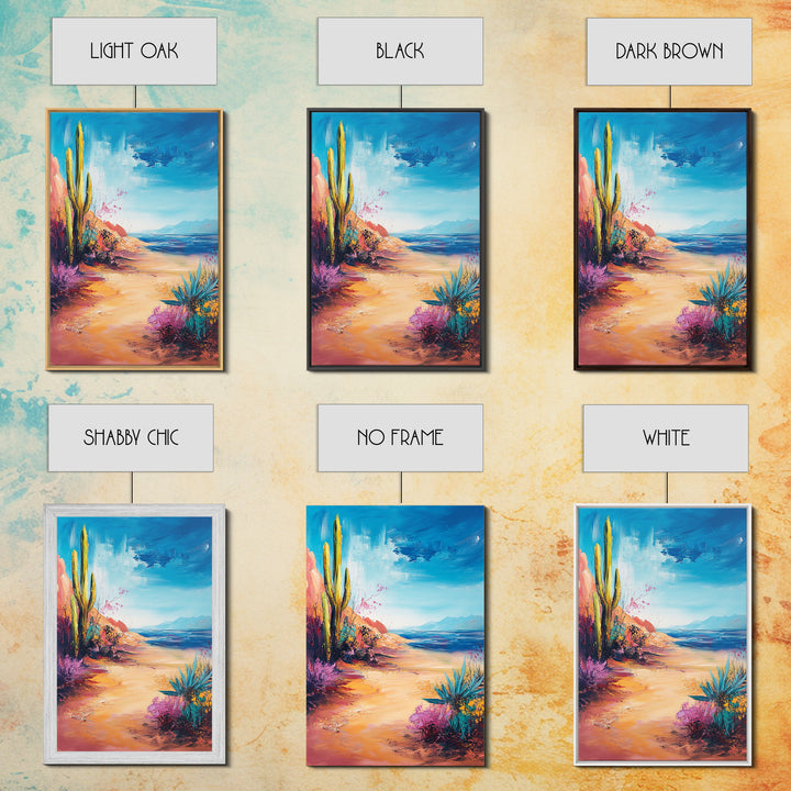 Beach Cactus, coastal landscape, vibrant colors, blue sky, desert meets sea, framed canvas print, coastal cowgirl wall art, boho art