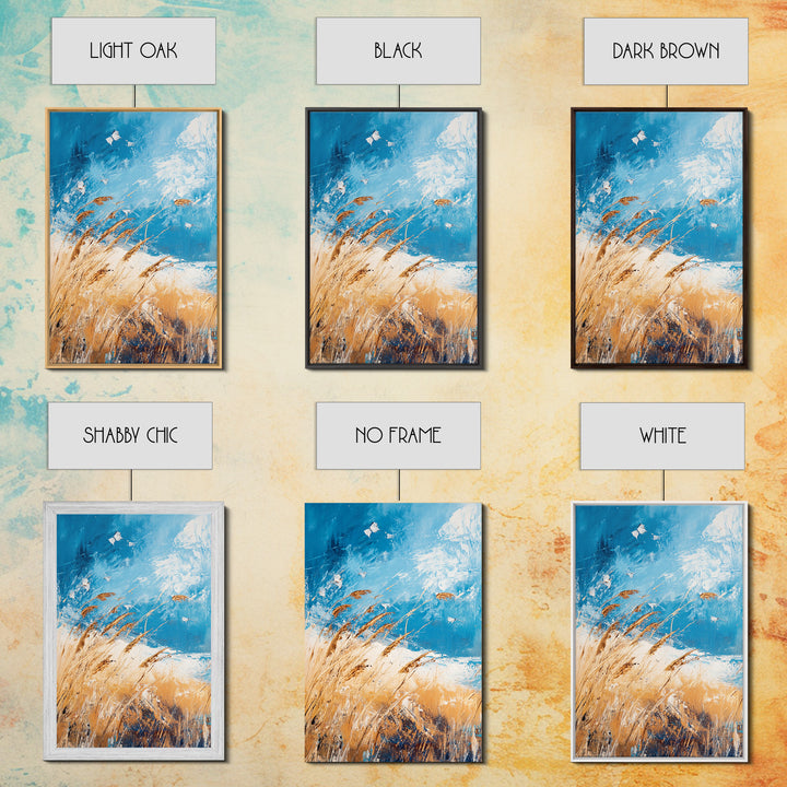 Wheat Field, blue sky, golden harvest, windy landscape, nature wall art, rustic decor, framed canvas print, farmhouse wall art