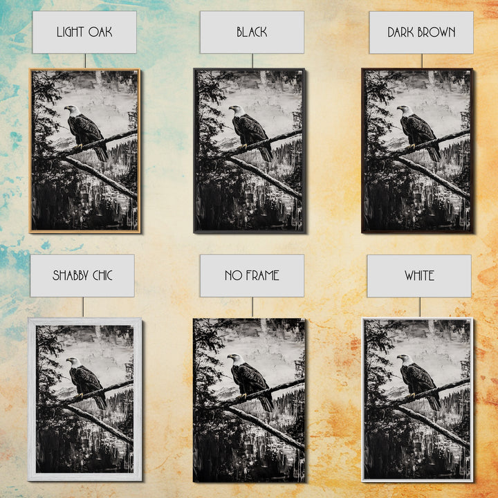 Bald Eagle, majestic bird, black and white, rustic decor, wildlife painting, nature art, framed canvas print, farmhouse wall art