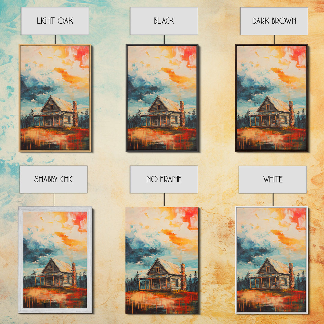 Cabin Painting, Autumn Landscape, Framed Canvas Print, rustic decor, mountain painting, landscape painting, smoky mountain art, extra wide art