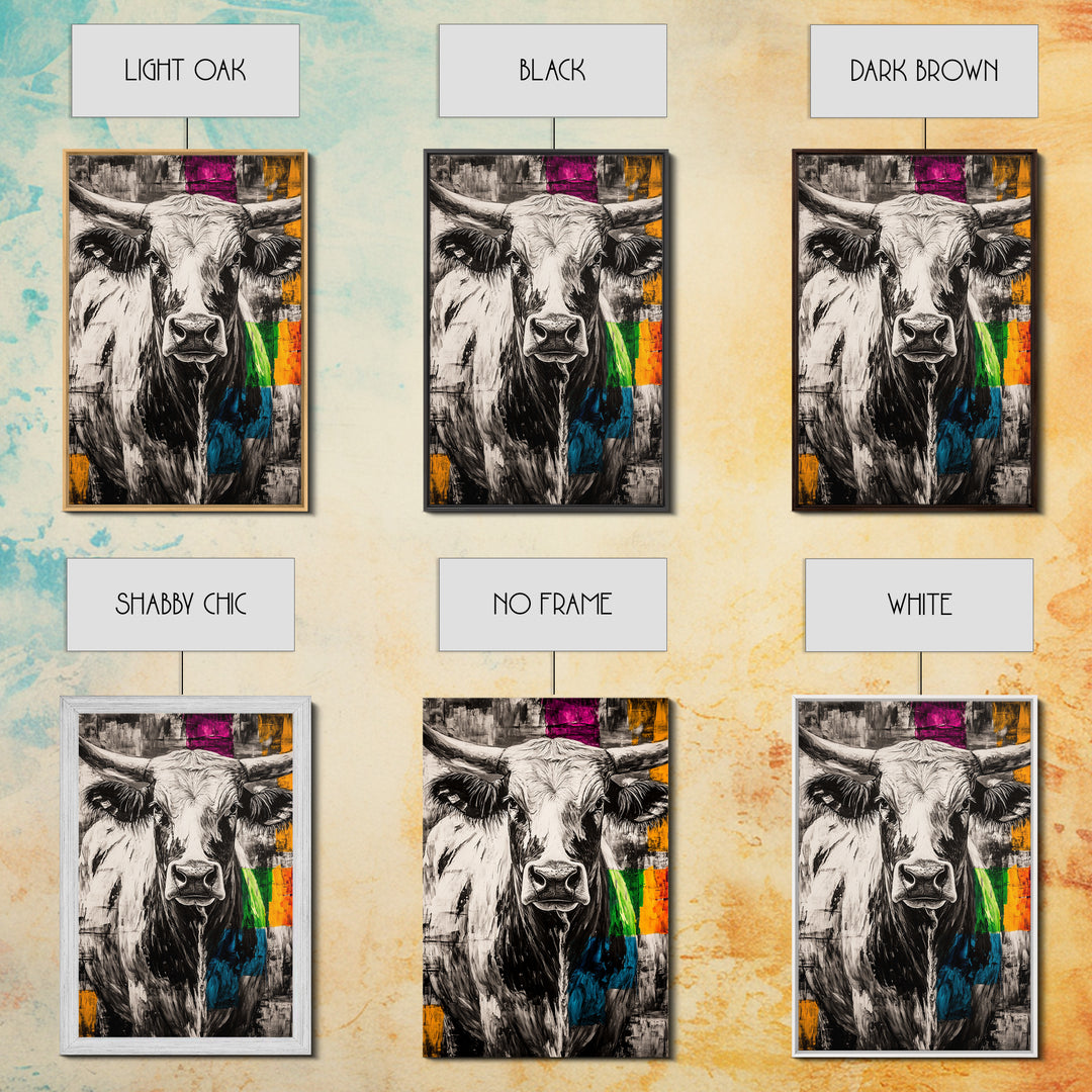 Black and White Cow, rustic art, farmhouse art, bull and bear art, southwest wall art, abstract animal painting, Framed Canvas Print