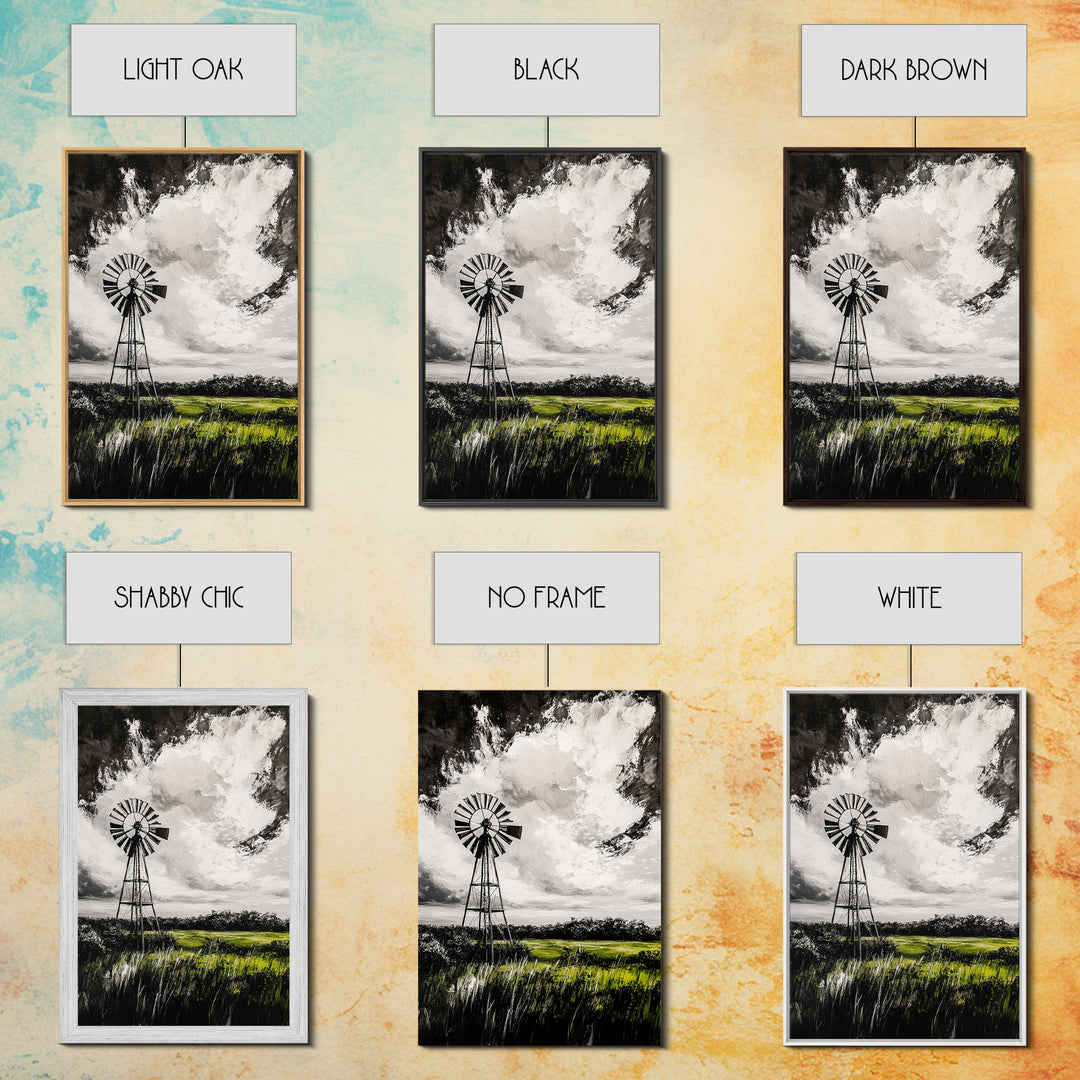 Black and White Windmill, windmill wall art, rustic decor, farmhouse art, landscape painting, framed canvas print, above bed wall art