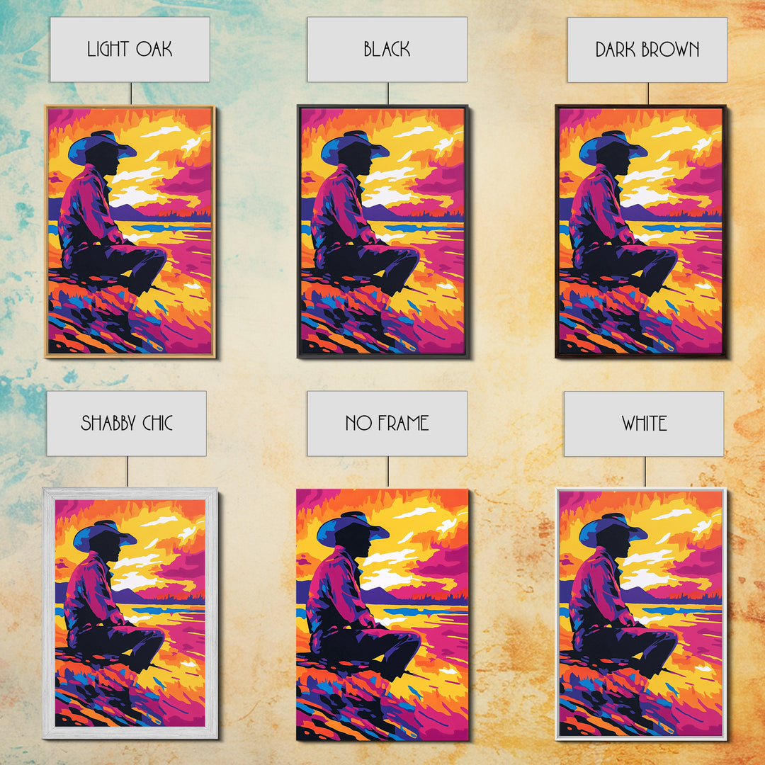 Cowboy Silhouette Sunset, southwest wall art, rustic decor, boho art, western art, pink orange wall art, canvas print, gift idea for him