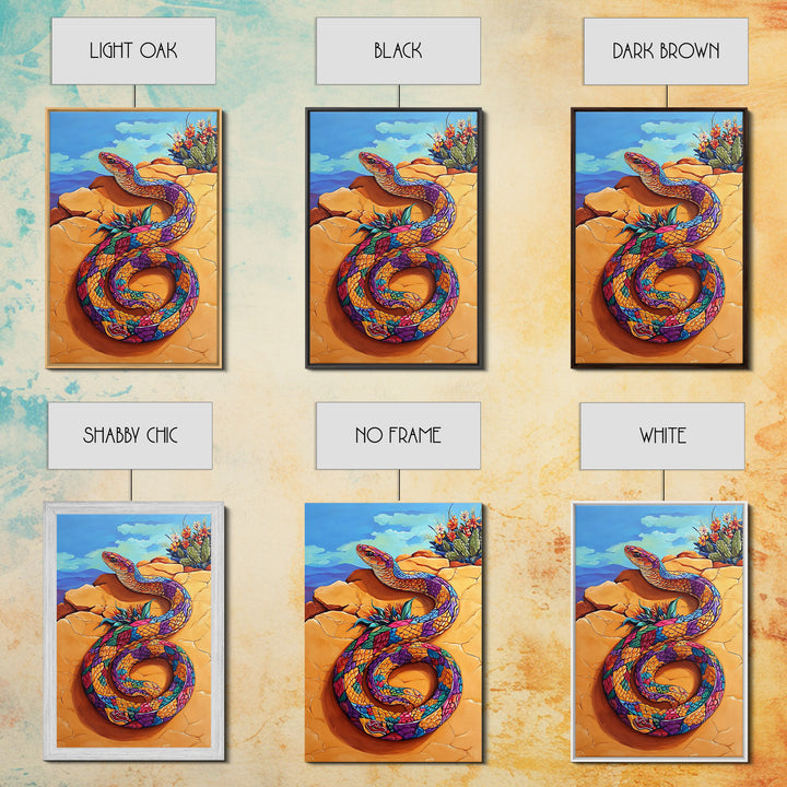 Coiled Snake, Vibrant Snake Art, Desert Landscape, Wildlife Art, Southwest Wall Art, Unique Decor, Framed Canvas Print