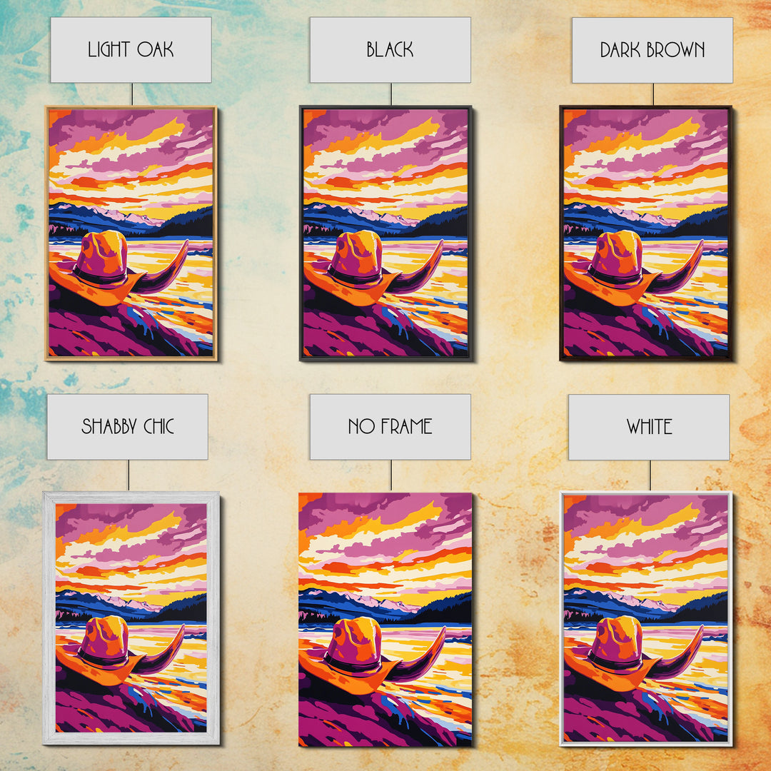 Cowgirl hat landscape, cowboy decor, rustic wall art, boho art, pink orange wall art, framed canvas print, western wall art, above bed art