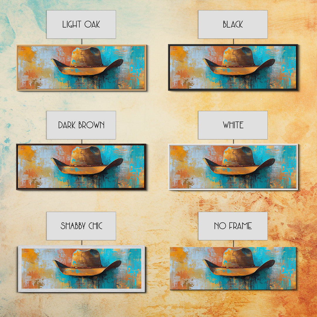 Western Hat Painting, Abstract Cowboy Art, Framed Canvas Print, Extra Wide Art, Rustic Decor, Blue and Green Wall Art, Wabi Sabi Art