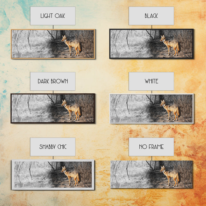 Coyote in Forest, Wildlife Wall Art, Rustic Decor, Nature Art, Moody Art, Extra Wide Art, Panoramic Art, Framed Canvas Print