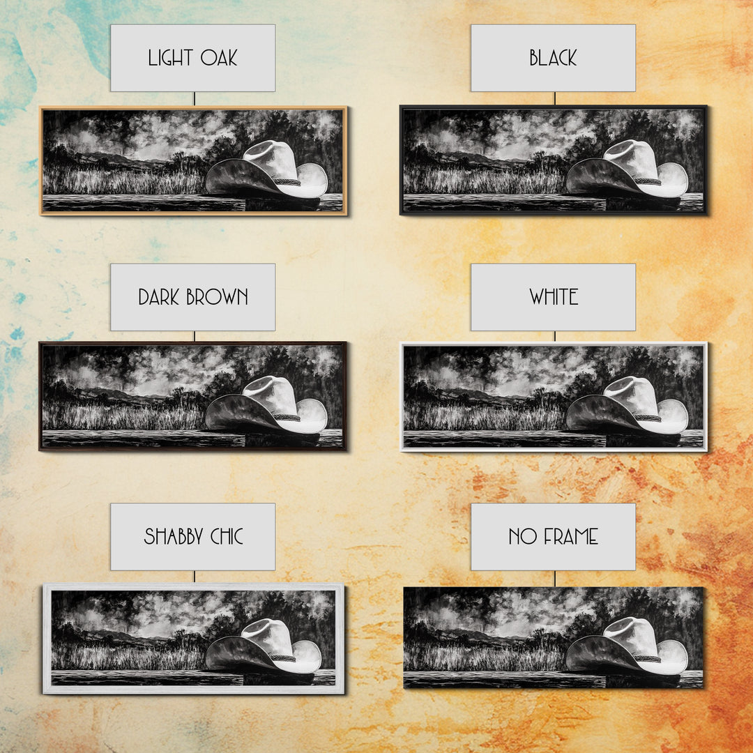 Black and White Art, cowboy hat painting, rustic decor, farmhouse art, extra wide art, panoramic art, framed canvas print, landscape painting