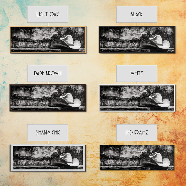 Black and White Art, cowboy hat painting, rustic decor, farmhouse art, extra wide art, panoramic art, framed canvas print, landscape painting