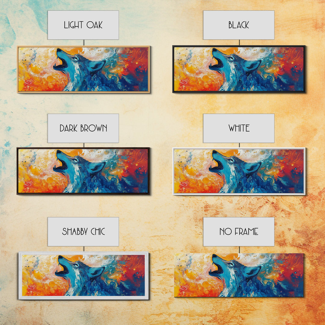 Abstract Wolf Art, moody art, blue and green wall art, extra wide art, framed canvas print, panoramic painting, rustic decor, southwest wall art