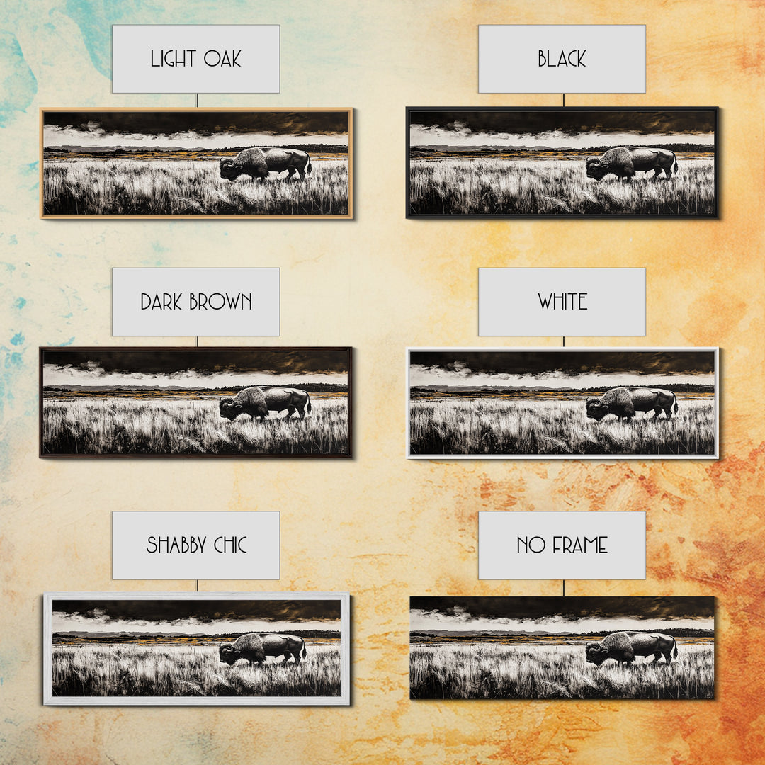 Bison painting, rustic art, black and white wall art, moody art, western decor, panoramic painting, extra wide art, framed canvas print