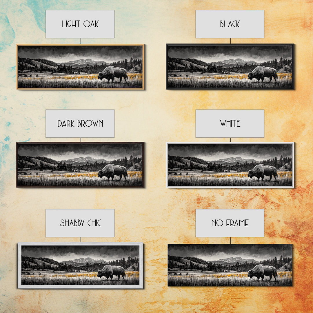 Bison art, mountain painting, black and white western art, farmhouse art, smoky mountain art, extra wide art, framed canvas print