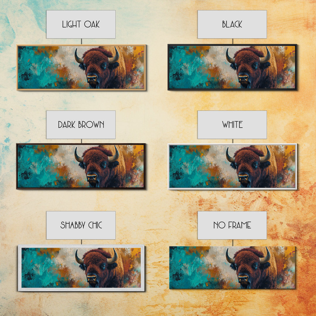 Bold bison painting, teal and orange art, rustic wall art, farmhouse decor, boho art, extra wide western painting, canvas print