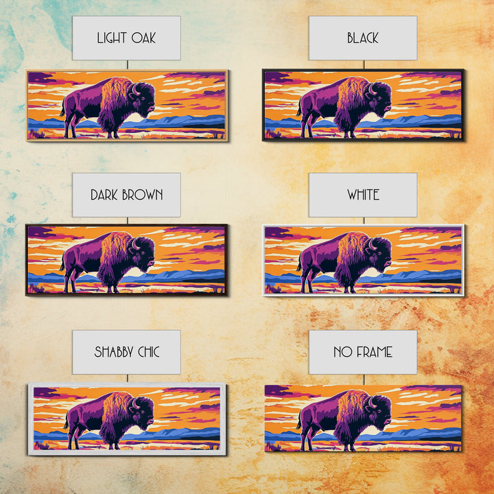 Bison, sunset, southwest wall art, buffalo, pink orange wall art, panoramic art, framed canvas print, extra wide art, rustic decor
