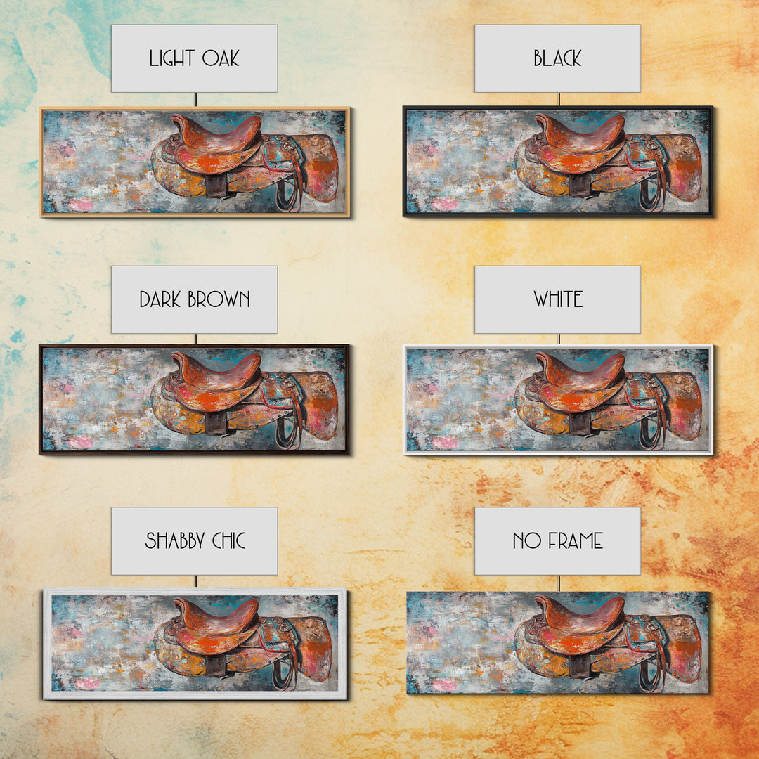 Abstract Saddle, horse wall art, abstract art, rustic decor, extra wide art, framed canvas print, above sofa art, living room decor